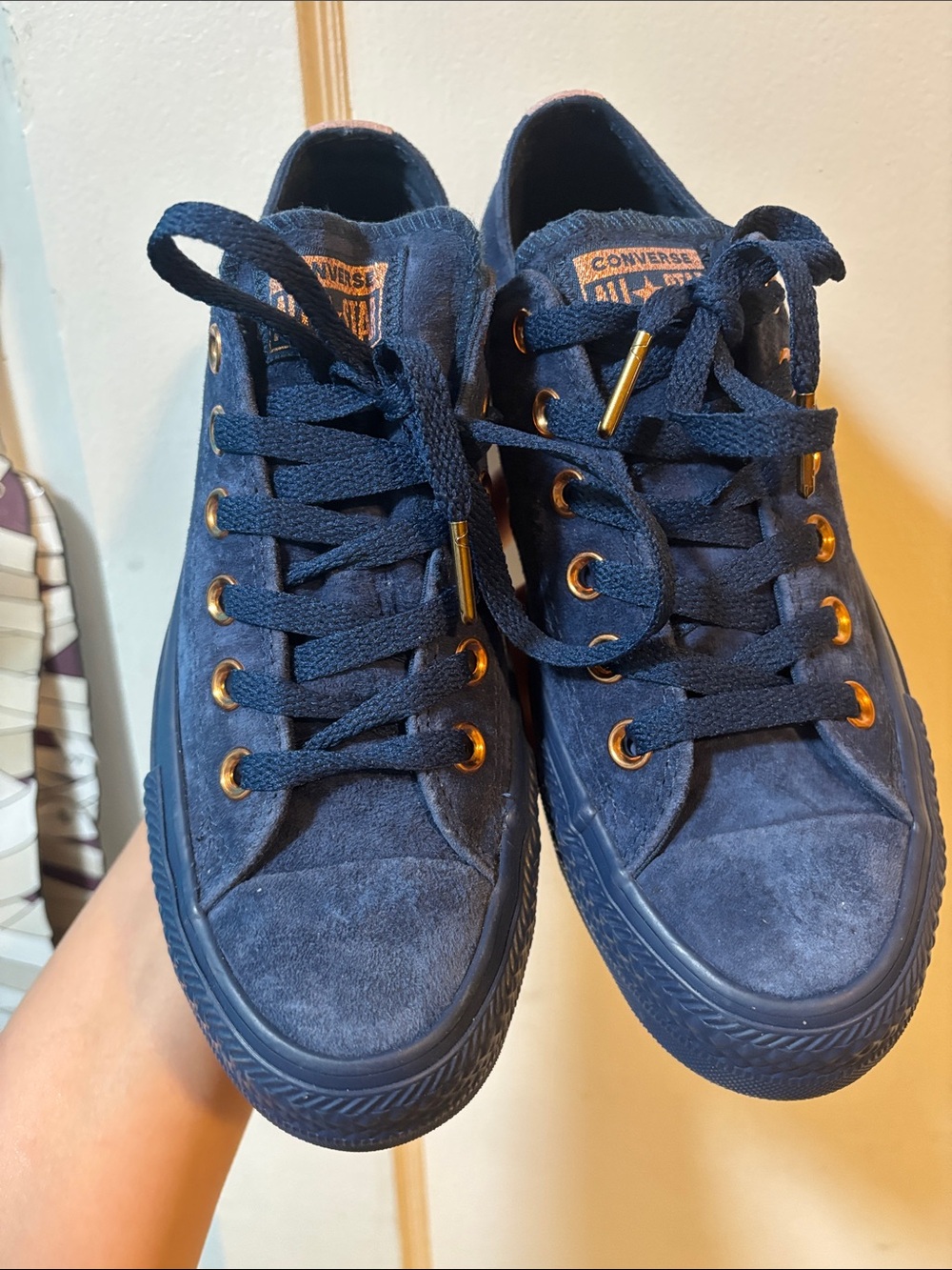 Converse Navy Suede Low Top Sneakers with Gold Accents